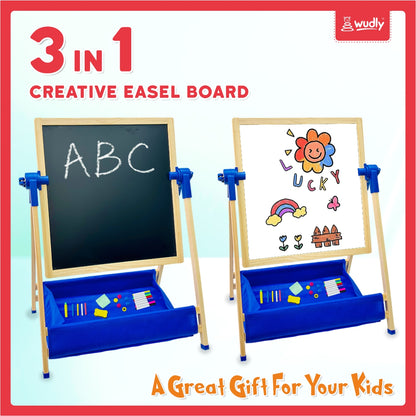 Wudly 3-in-1 Creative Easel Board with Chalkboard, Whiteboard, Storage Tray, Educational Kids Art Station