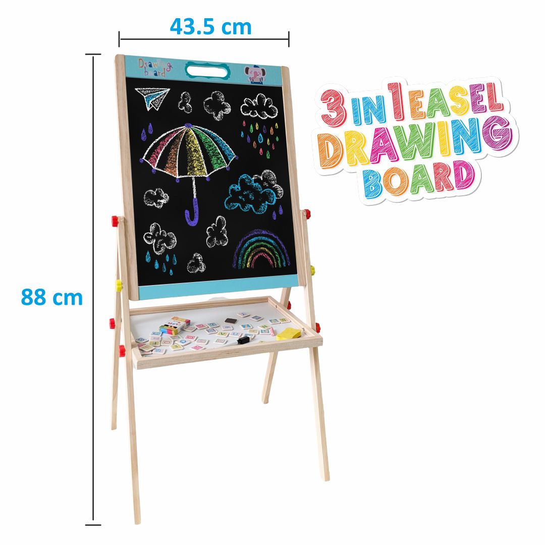 Wudly Kids Wooden Drawing Board, Double-Sided Chalkboard and Whiteboard, Educational Art Stand with Storage Tray