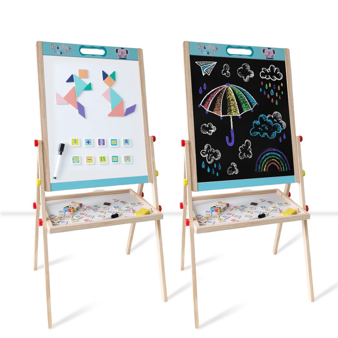 Wudly Kids Wooden Drawing Board, Double-Sided Chalkboard and Whiteboard, Educational Art Stand with Storage Tray