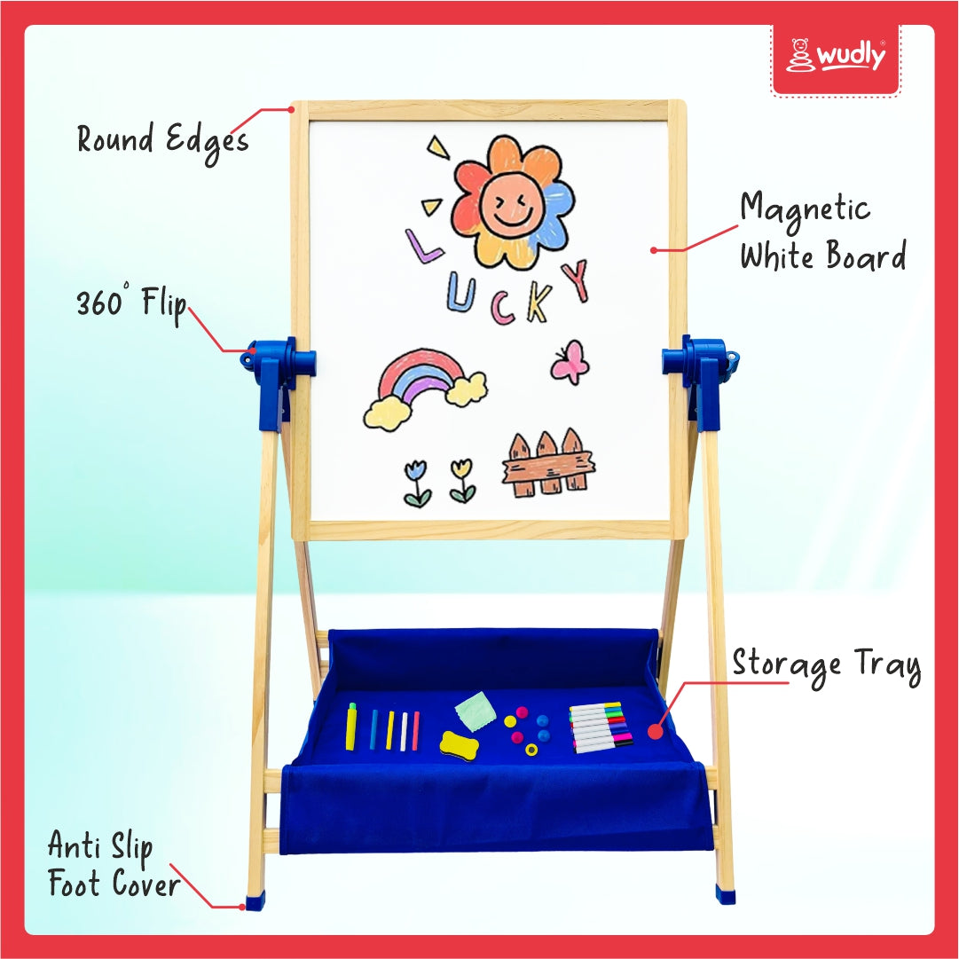 Wudly 3-in-1 Creative Easel Board with Chalkboard, Whiteboard, Storage Tray, Educational Kids Art Station