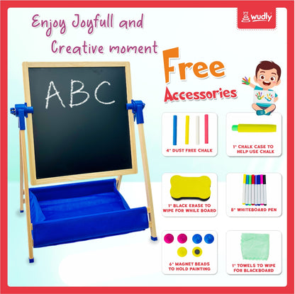 Wudly 3-in-1 Creative Easel Board with Chalkboard, Whiteboard, Storage Tray, Educational Kids Art Station