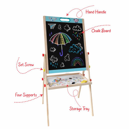 Wudly Kids Wooden Drawing Board, Double-Sided Chalkboard and Whiteboard, Educational Art Stand with Storage Tray