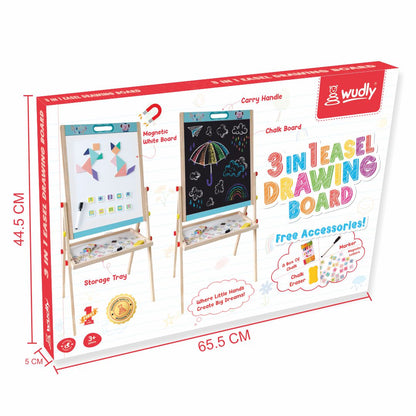 Wudly Kids Wooden Drawing Board, Double-Sided Chalkboard and Whiteboard, Educational Art Stand with Storage Tray