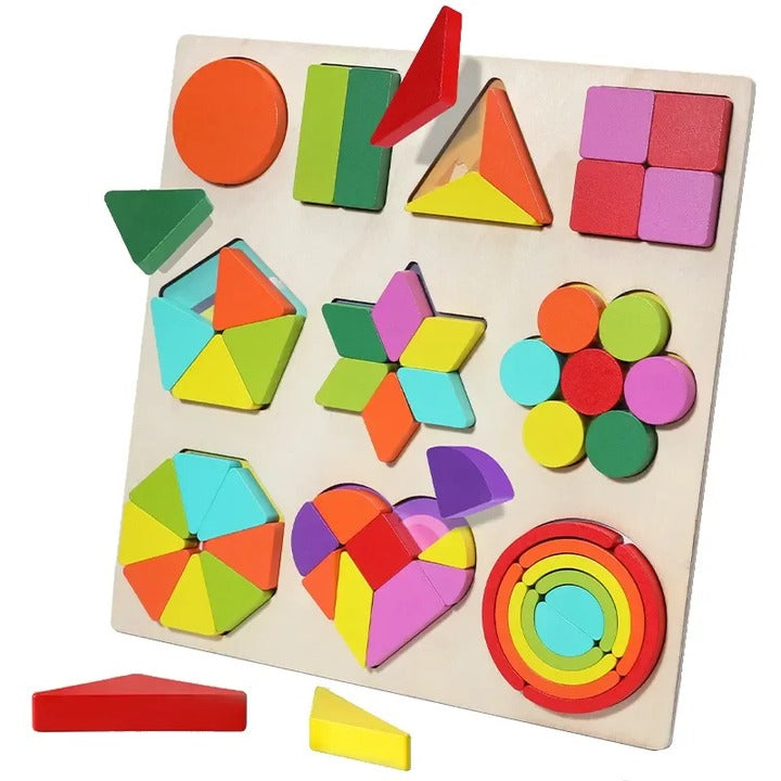 Wudly - Wooden Shapes Puzzle Learning Toy, Montessori Game Educational Toys, Intelligence Brain Teaser Puzzle Board With 10 Designer Shapes,(set of 54 pcs), 3+ Years, Chid Safe Certified, Multi colors.