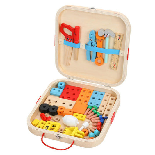 Wudly - Wooden Tool Box, Montessori Educational STEM Toys, Construction Learning Toys for 3+ Years Kids, Set of 53 pcs, Child Safe Certified, Multi color