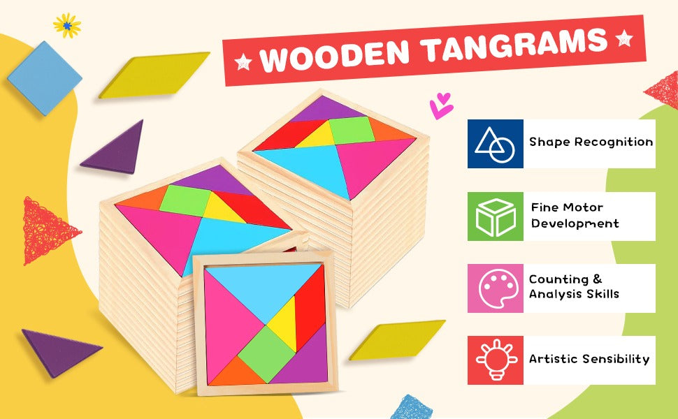 Wudly - Wooden Tangram Puzzle for Mind Development pattern Educational Toy for 3+ Years Kids, 8 Pieces Set, Child Safe Certified, Multicolors