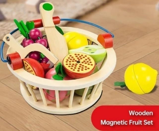 Wudly Magnetic Wooden Cutting Fruit Food Play Toy Set with Basket for Kids