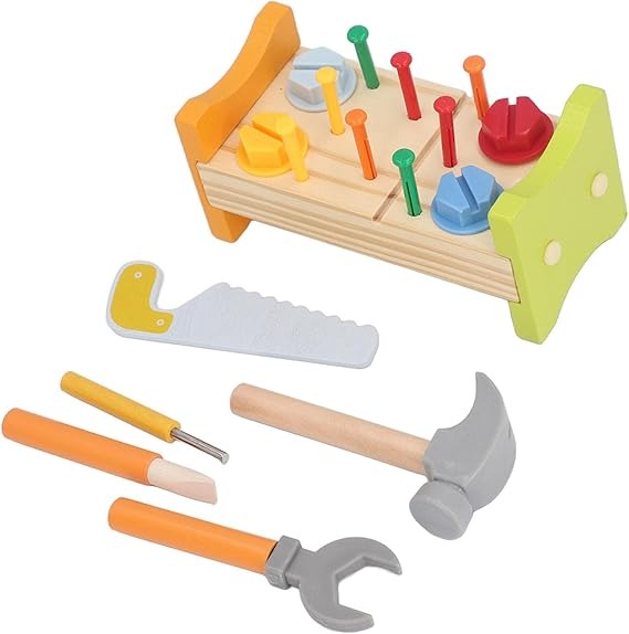 Wudly -Wooden Tool Bench -Small 1 Set Nut Knock Dingta STEM Educational Toy Construction Bench Toy Hand Eye Coordination Toy Workbench Pounding Hammer Toy Pound Hammer Toys for 3+ Years Kids, Set of 18 pcs, Child Safe Certified, Multi Colors