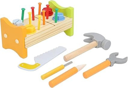 Wudly -Wooden Tool Bench -Small 1 Set Nut Knock Dingta STEM Educational Toy Construction Bench Toy Hand Eye Coordination Toy Workbench Pounding Hammer Toy Pound Hammer Toys for 3+ Years Kids, Set of 18 pcs, Child Safe Certified, Multi Colors