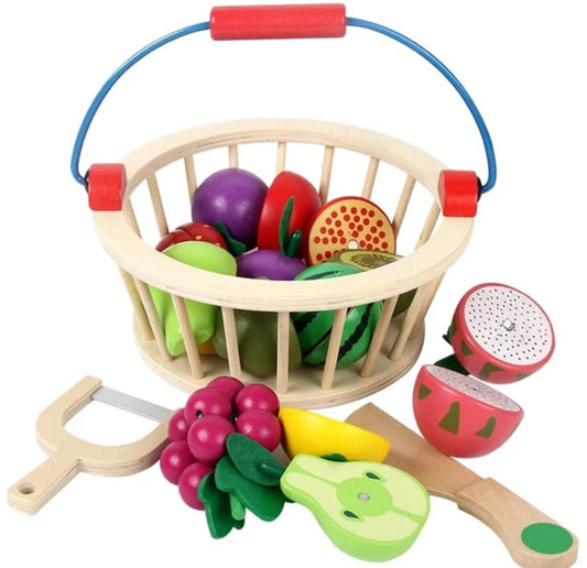 Wudly Magnetic Wooden Cutting Fruit Food Play Toy Set with Basket for Kids