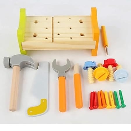 Wudly -Wooden Tool Bench -Small 1 Set Nut Knock Dingta STEM Educational Toy Construction Bench Toy Hand Eye Coordination Toy Workbench Pounding Hammer Toy Pound Hammer Toys for 3+ Years Kids, Set of 18 pcs, Child Safe Certified, Multi Colors