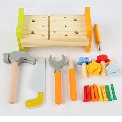 Wudly -Wooden Tool Bench -Small 1 Set Nut Knock Dingta STEM Educational Toy Construction Bench Toy Hand Eye Coordination Toy Workbench Pounding Hammer Toy Pound Hammer Toys for 3+ Years Kids, Set of 18 pcs, Child Safe Certified, Multi Colors