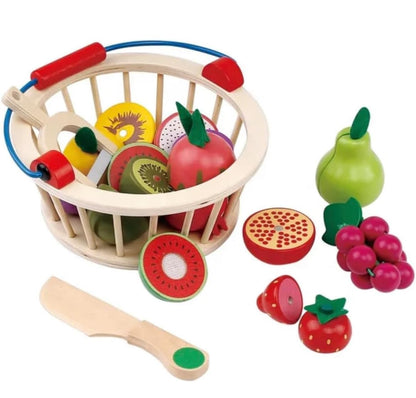 Wudly Magnetic Wooden Cutting Fruit Food Play Toy Set with Basket for Kids