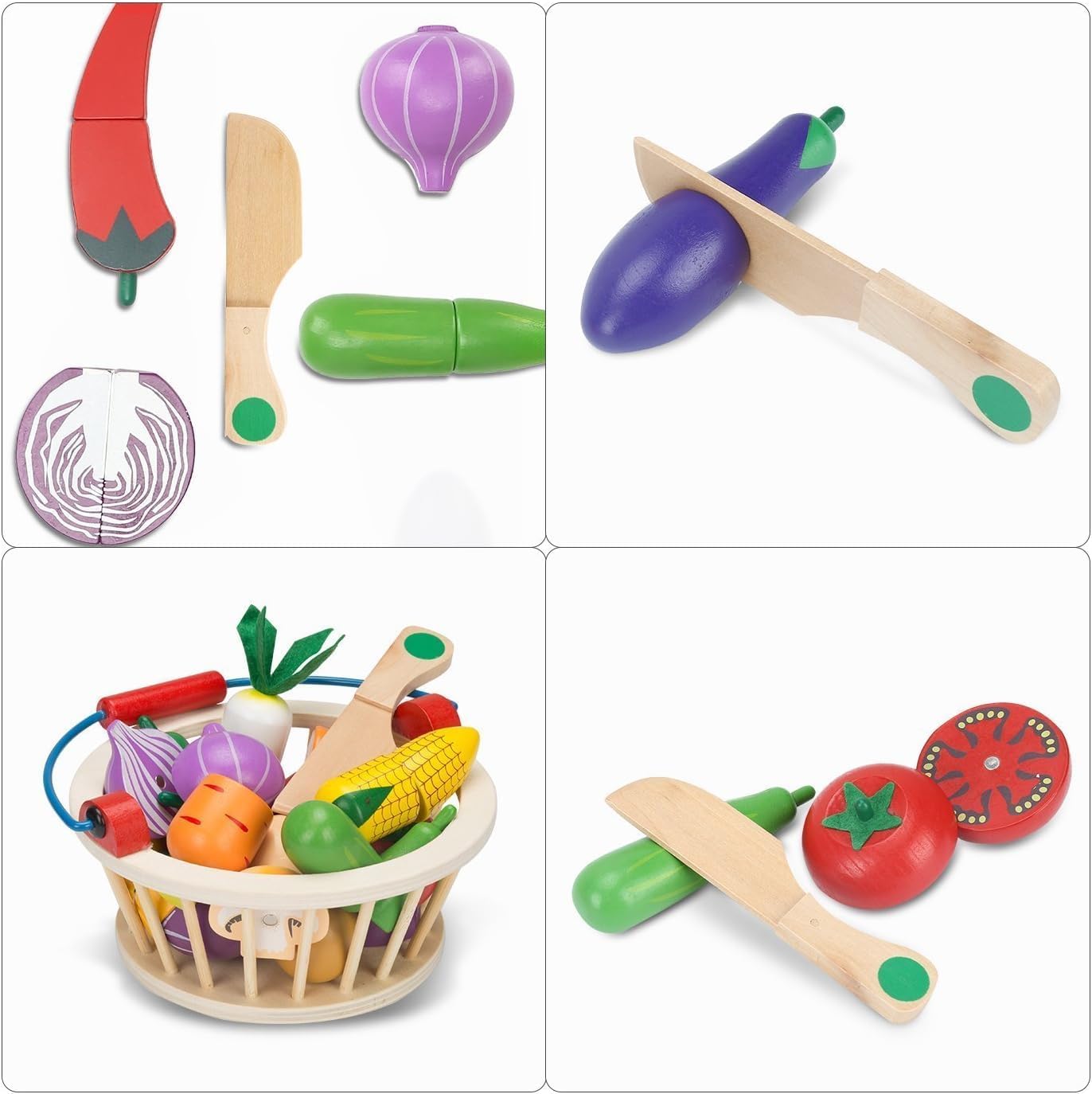 Wudly Magnetic Wooden Cutting Vegetables Food Play Toy Set with Basket for Kids