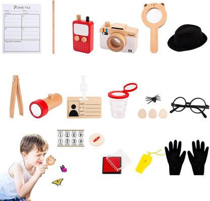 Wudly Wooden Detective Role Play Set for Kids, 15 Pieces with Evidence Markers, Wooden Tools, Case File, Black Hat and Accessories