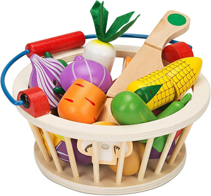 Wudly Magnetic Wooden Cutting Vegetables Food Play Toy Set with Basket for Kids