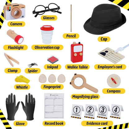 Wudly Wooden Detective Role Play Set for Kids, 15 Pieces with Evidence Markers, Wooden Tools, Case File, Black Hat and Accessories