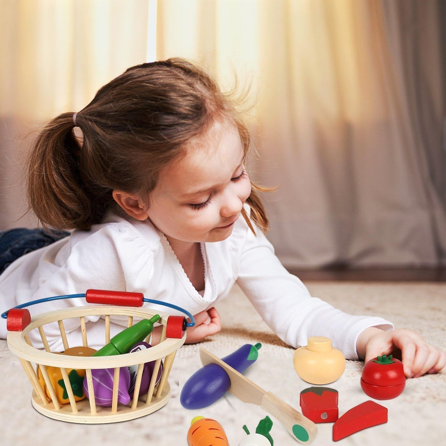 Wudly Magnetic Wooden Cutting Vegetables Food Play Toy Set with Basket for Kids