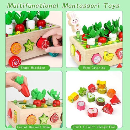 Wudly Wooden Montessori Fine Motor Toys for Baby Toddler, Wooden Shape Sorter Carrot Harvest Game, Preschool Learning Educational Toys for 2+ Years old kids. (Set of 32 pcs) Child Safe Certified. (Multi colors)