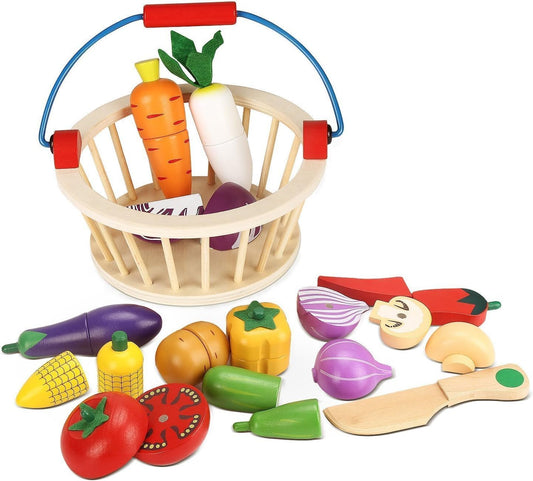 Wudly Magnetic Wooden Cutting Vegetables Food Play Toy Set with Basket for Kids