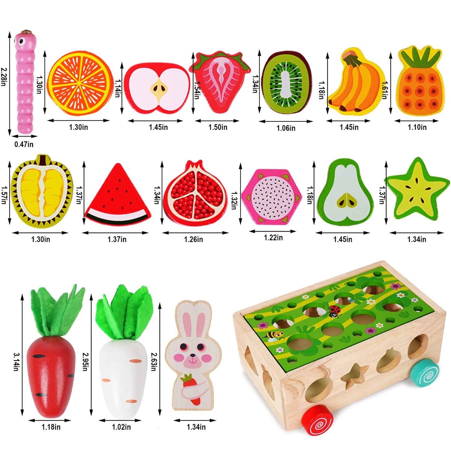 Wudly Wooden Montessori Fine Motor Toys for Baby Toddler, Wooden Shape Sorter Carrot Harvest Game, Preschool Learning Educational Toys for 2+ Years old kids. (Set of 32 pcs) Child Safe Certified. (Multi colors)