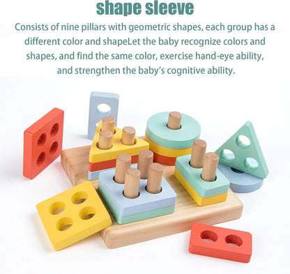 Wudly - 4 in 1 Shape Sorter Puzzle Block Wooden Educational Shape Sorting Puzzle Toy, Learning Shapes, Geometric Funny Square Interactive Early Educational Toys for 3+ Years Kids, Bright Colors Wooden Block, Child Safe Certified