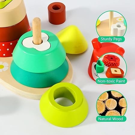 Wuldy - Wooden Sorting Stacking Rings Building Puzzles Double Shapes Toys Educational Color Geometric Shape Recognition Learning Montessori Toys for 18+ Months Kids, Set of 17 pcs, Child Safe Certified, Multi colors