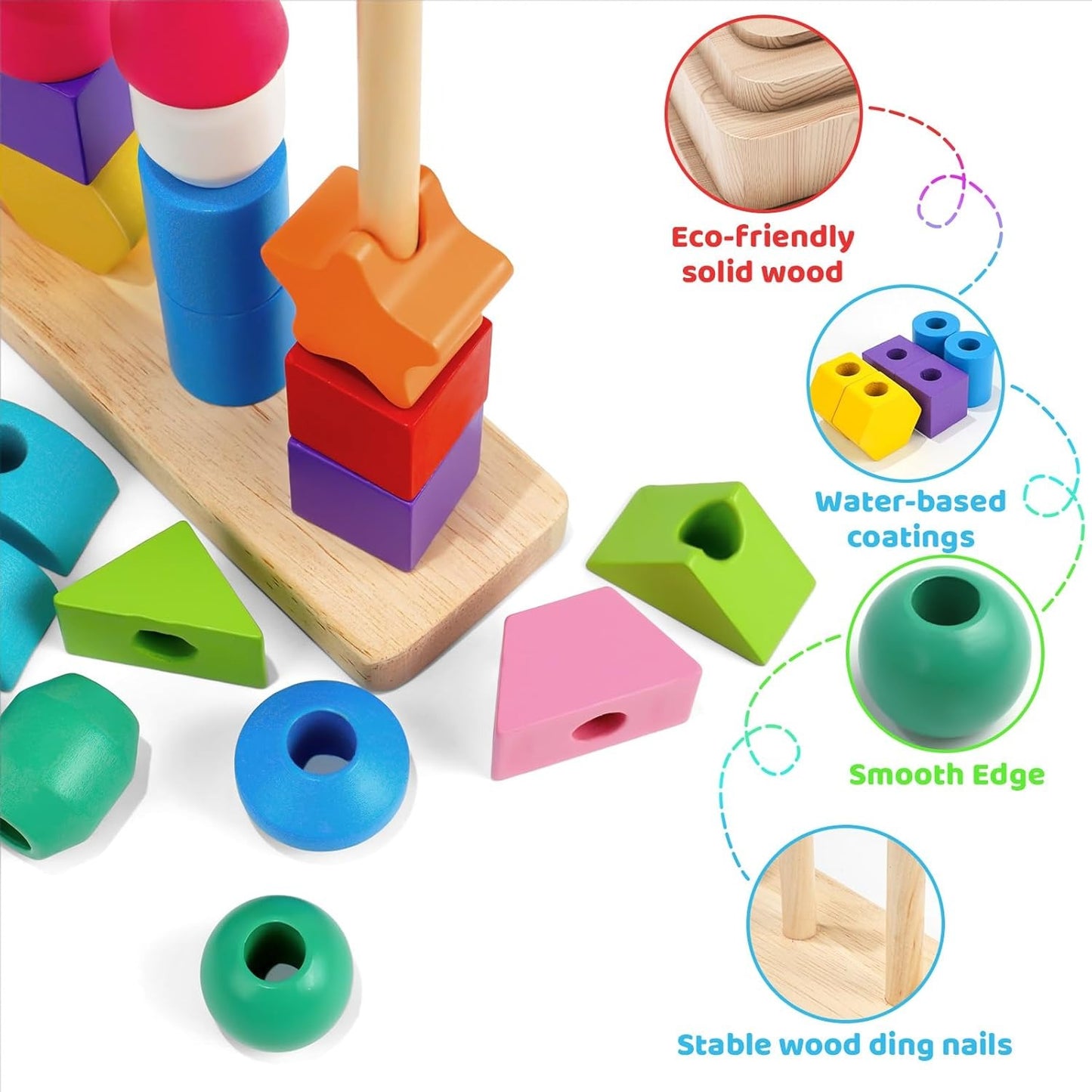 Wudly - 5 Pilar Sorter with Lacing Beads Toy Set, Colorful Wooden Montessori Bead Toy Sorting and Stacking Blocks Educational Threading Toys for 3+ Years Kids, Child Safe Certified, 25 Beads, 2 lace, 8 cards with 16 different pattern