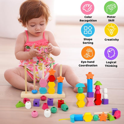 Wudly - 5 Pilar Sorter with Lacing Beads Toy Set, Colorful Wooden Montessori Bead Toy Sorting and Stacking Blocks Educational Threading Toys for 3+ Years Kids, Child Safe Certified, 25 Beads, 2 lace, 8 cards with 16 different pattern