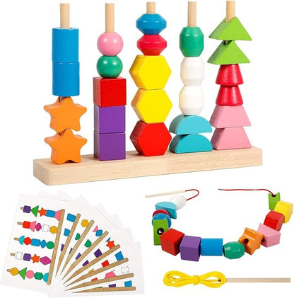 Wudly - 5 Pilar Sorter with Lacing Beads Toy Set, Colorful Wooden Montessori Bead Toy Sorting and Stacking Blocks Educational Threading Toys for 3+ Years Kids, Child Safe Certified, 25 Beads, 2 lace, 8 cards with 16 different pattern