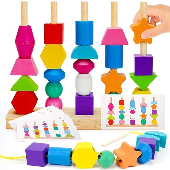 Wudly - 5 Pilar Sorter with Lacing Beads Toy Set, Colorful Wooden Montessori Bead Toy Sorting and Stacking Blocks Educational Threading Toys for 3+ Years Kids, Child Safe Certified, 25 Beads, 2 lace, 8 cards with 16 different pattern