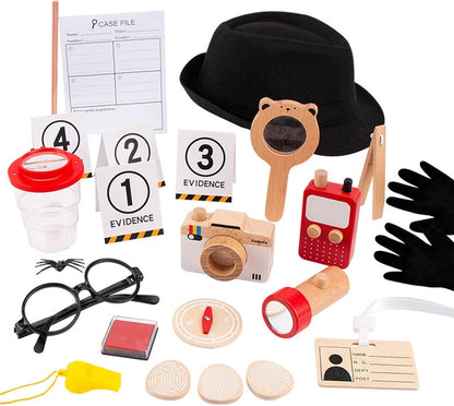 Wudly Wooden Detective Role Play Set for Kids, 15 Pieces with Evidence Markers, Wooden Tools, Case File, Black Hat and Accessories