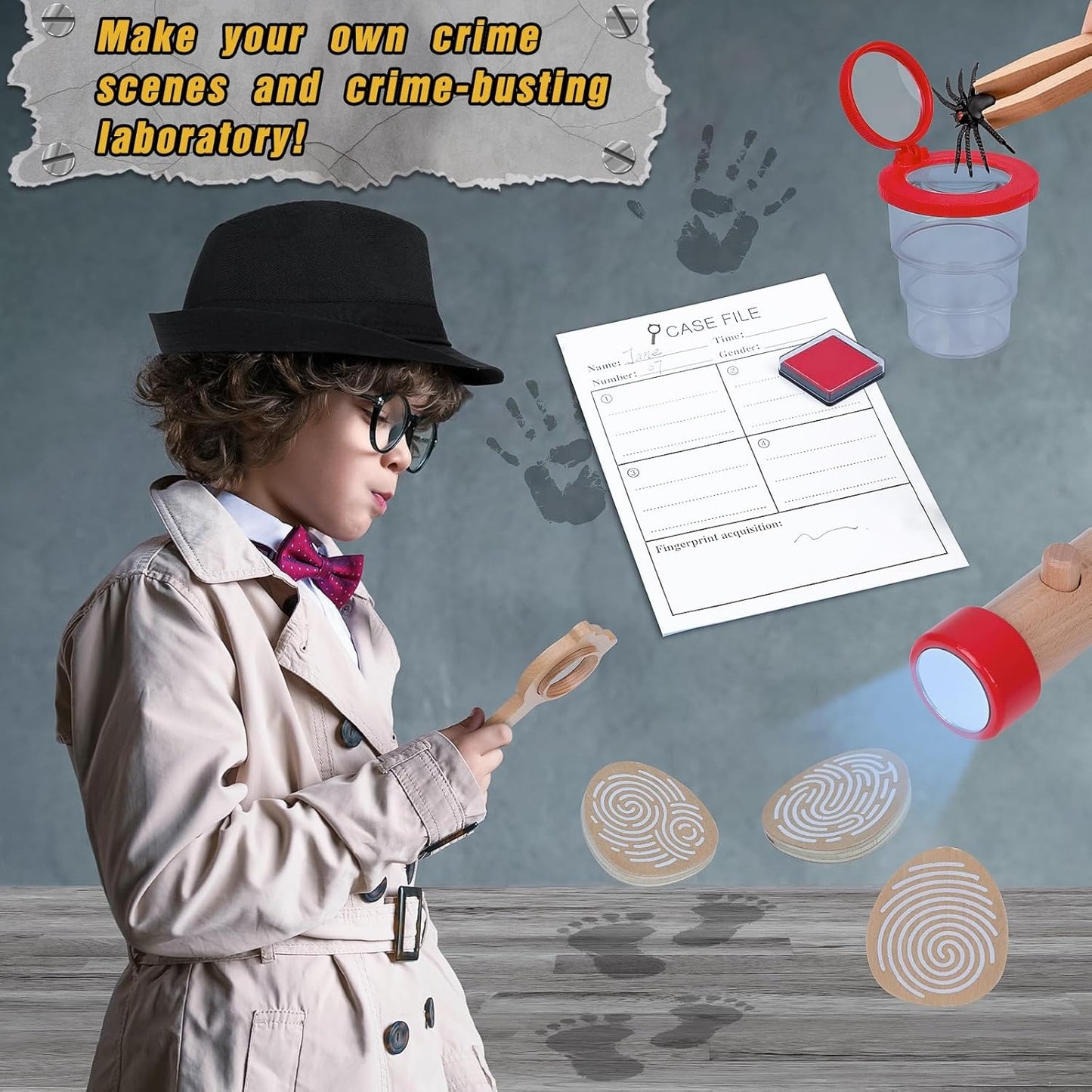 Wudly Wooden Detective Role Play Set for Kids, 15 Pieces with Evidence Markers, Wooden Tools, Case File, Black Hat and Accessories