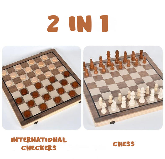 Wudly 2-in-1 Big Chess & Checkers Set – Premium Wooden Board Game for Adults & Kids, Classic Chess + Checkers Combo