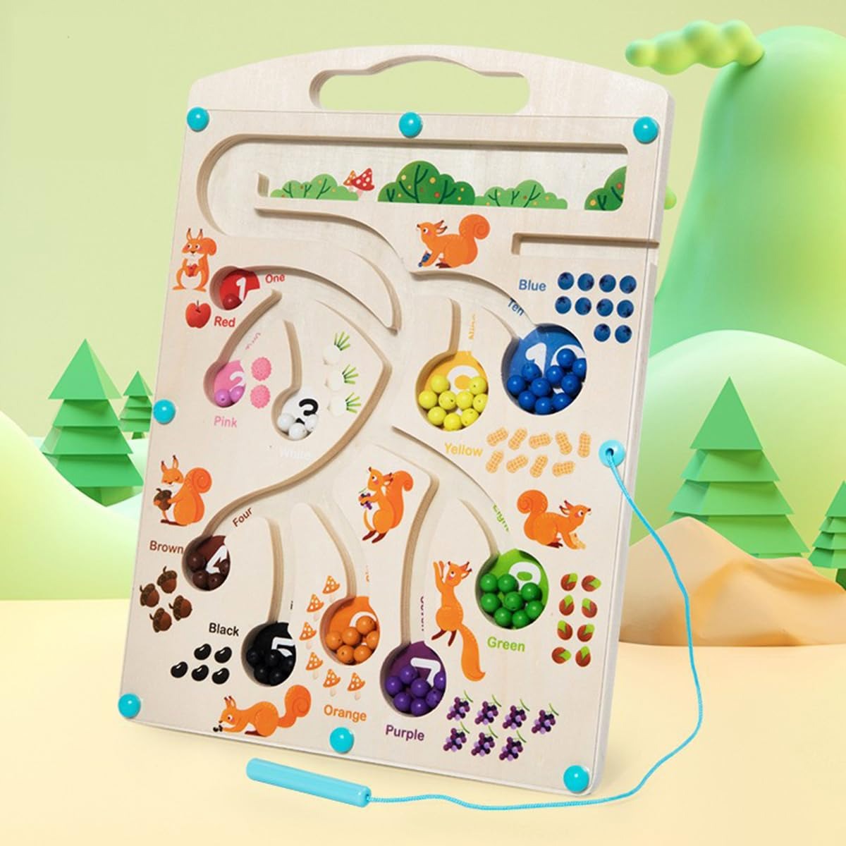 Wudly Wooden Educational Magnetic Squirrel Feeding Game, Colours & Numbers Learning Toy