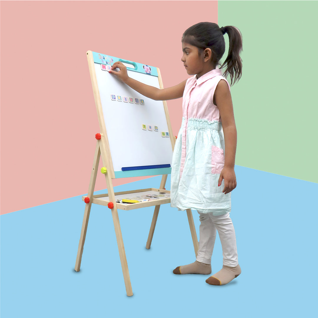 Wudly Kids Wooden Drawing Board, Double-Sided Chalkboard and Whiteboard, Educational Art Stand with Storage Tray