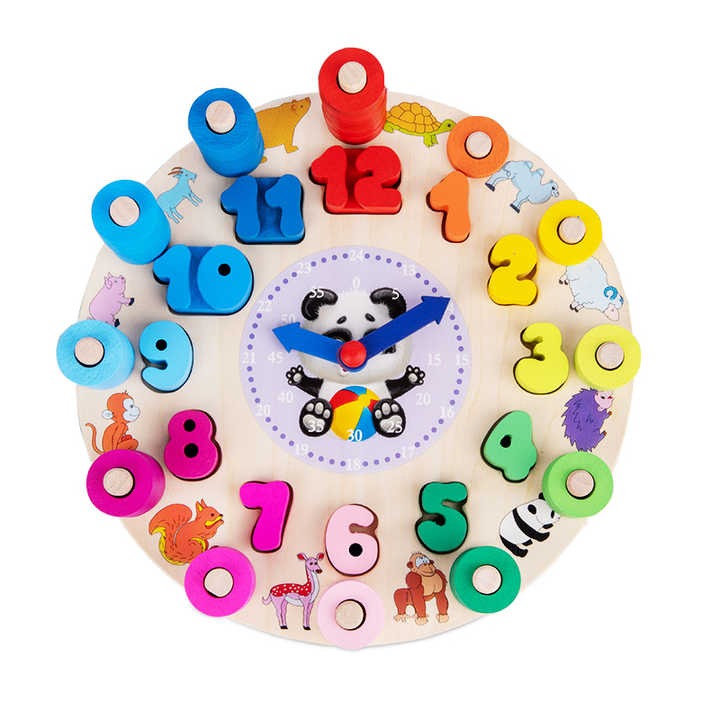 Wudly - Wooden Number Counting Learning Clock, Time Clock Learning Wooden Puzzle,Teaching Time Numbers Blocks Puzzle, Early Learning Educational Toy for 3+ years Kids, Child Safe Certified, Multi Colors.