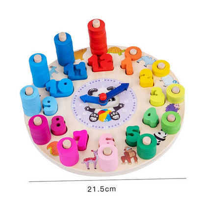 Wudly - Wooden Number Counting Learning Clock, Time Clock Learning Wooden Puzzle,Teaching Time Numbers Blocks Puzzle, Early Learning Educational Toy for 3+ years Kids, Child Safe Certified, Multi Colors.