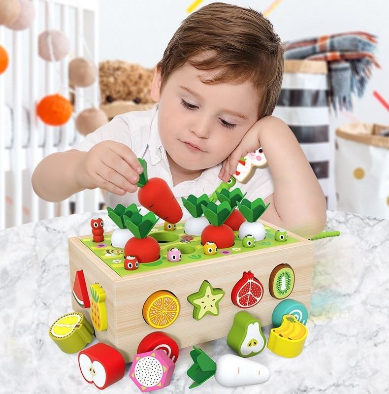 Wudly Wooden Montessori Fine Motor Toys for Baby Toddler, Wooden Shape Sorter Carrot Harvest Game, Preschool Learning Educational Toys for 2+ Years old kids. (Set of 32 pcs) Child Safe Certified. (Multi colors)