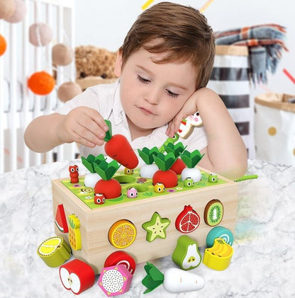 Wudly Wooden Montessori Fine Motor Toys for Baby Toddler, Wooden Shape Sorter Carrot Harvest Game, Preschool Learning Educational Toys for 2+ Years old kids. (Set of 32 pcs) Child Safe Certified. (Multi colors)