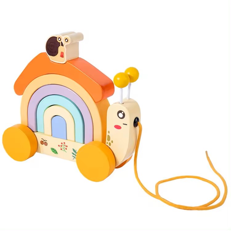 Wudly - Wooden Snail tractor, Pull along toy, Rainbow stacker, Color Blocks, Round Pull toy, toddler activity for 1+ Years kids, Child Safe Certified, Multi Colors