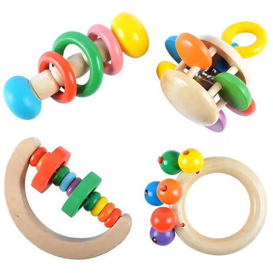 Wudly - Wooden Baby Rattles Teeth Wooden Music Instrument Shaker Set Toy for 12+ Months kids, (Pack of 4)(Multi Colors) Eco Friendly & Safe Non Toxic Colors