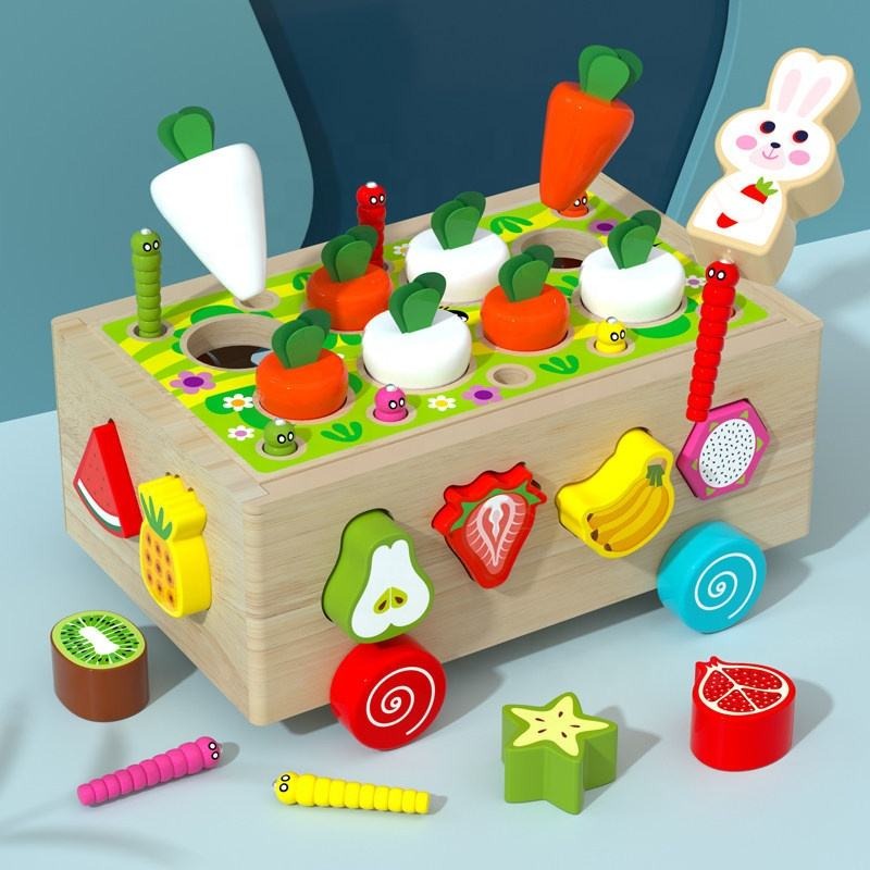 Wudly Wooden Montessori Fine Motor Toys for Baby Toddler, Wooden Shape Sorter Carrot Harvest Game, Preschool Learning Educational Toys for 2+ Years old kids. (Set of 32 pcs) Child Safe Certified. (Multi colors)