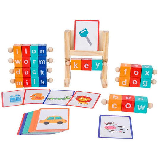 Wudly - WoodenSpelling Words Game , Spinning Wooden Phonics Toys, Spelling and Reading Blocks, Spelling Games, Alphabet Wordcraft Toy with CVC Flashcards, Educational Toys For 3+ Years Kids, Multi Colors, Child Safe Certified