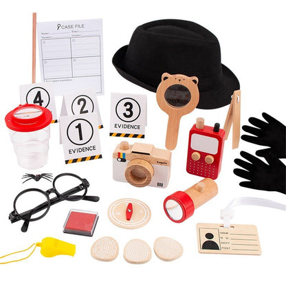 Wudly Wooden Detective Role Play Set for Kids, 15 Pieces with Evidence Markers, Wooden Tools, Case File, Black Hat and Accessories