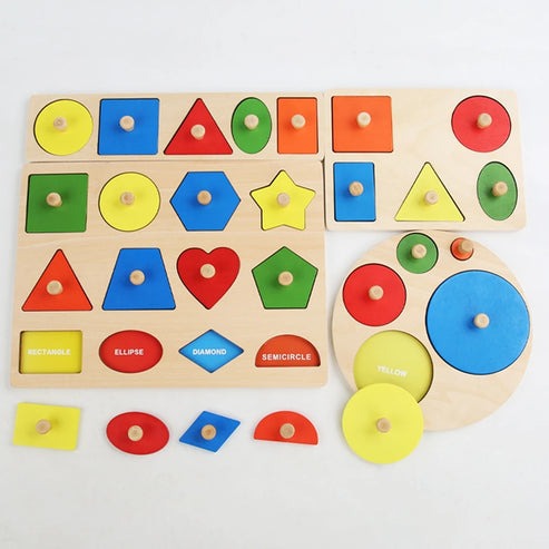 Wudly -  Wooden  Knob Puzzle Board, Preschool Learning Puzzle, Geometric Shapes Puzzle Board For Toddlers Ages 2+ Year (Set of 4 ), with Multi color & Child Safe Certified