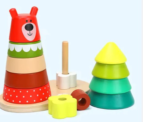 Wuldy - Wooden Sorting Stacking Rings Building Puzzles Double Shapes Toys Educational Color Geometric Shape Recognition Learning Montessori Toys for 18+ Months Kids, Set of 17 pcs, Child Safe Certified, Multi colors