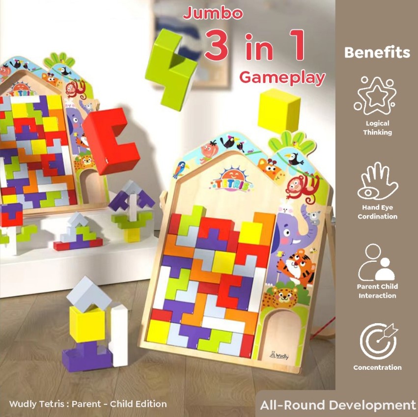 Wudly - 3 in 1 Tetris - Parent Child Edition Multifunctional Building Blocks, Tabletop Activities 3D Piecing Bricks Brain Teaser Smart Inspiration Game, Early Educational Toy for Kids 3+ Years, Set of 42 Blocks, Child Safe Certified, Multi colors