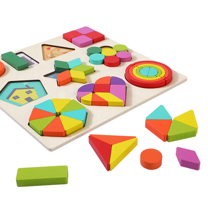 Wudly - Wooden Shapes Puzzle Learning Toy, Montessori Game Educational Toys, Intelligence Brain Teaser Puzzle Board With 10 Designer Shapes,(set of 54 pcs), 3+ Years, Chid Safe Certified, Multi colors.