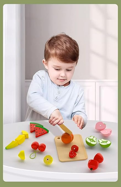 Wudly - Wooden Pretend Cutting Fruit Set with Wood Knife & Storage Basket Montessori Early Education Play Food Games Kitchen Accessories Set Toys for 3+ Years old Girls & Boys, Child Safe Certified, Multi colors